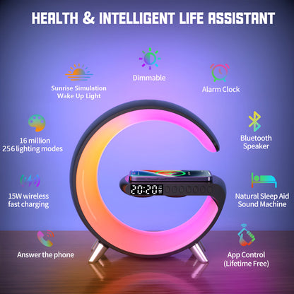 LIGHTERON™ Réveil 4 en 1, lumière d'ambiance, haut-parleur et chargeur sans fil