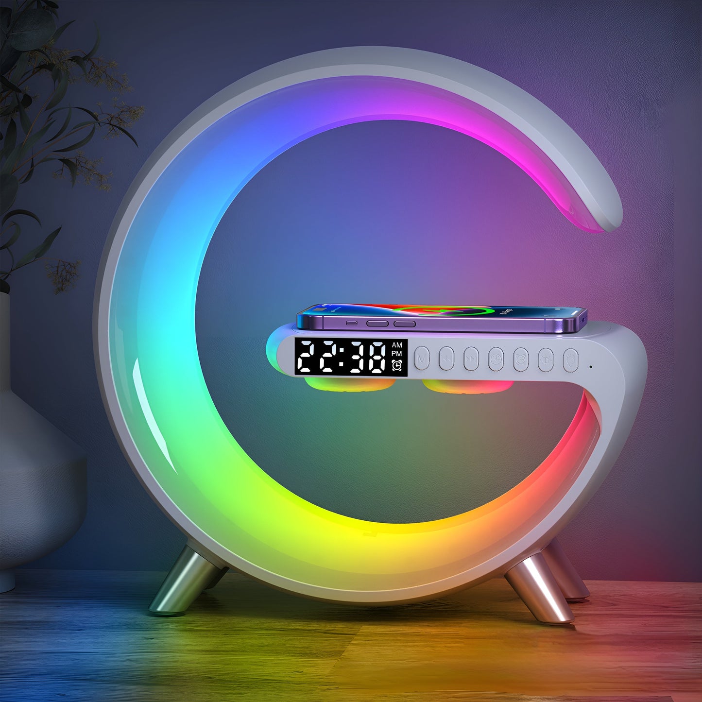 LIGHTERON™ Réveil 4 en 1, lumière d'ambiance, haut-parleur et chargeur sans fil